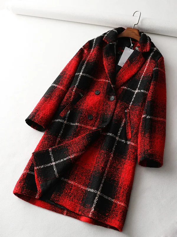 Qk14 Retro Elegant! Loose-Fit Cocoon Plaid Mid-length Woolen Jacket Overcoat Women's