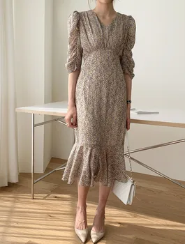 

Summer Vintage Chiffon Midi Dress Korean Floral Printing Dress Elegant Beach Female Party Vestidos