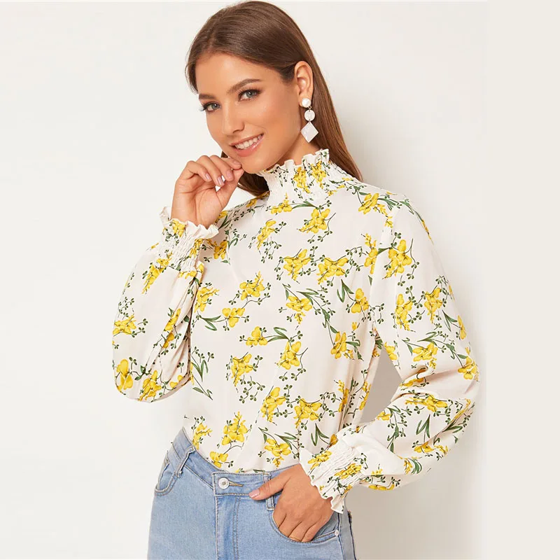 SHEIN/белая блузка с цветочным принтом и оборка, с вырезом на спине, топ, Женская весенне-осенняя Повседневная блуза с длинным рукавом с принтом «Бишоп», abaya