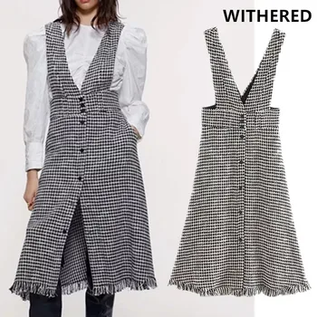 

Withered winter england style twill plaid single breasted midi tank dress women vestidos de fiesta de noche vestidos party dress