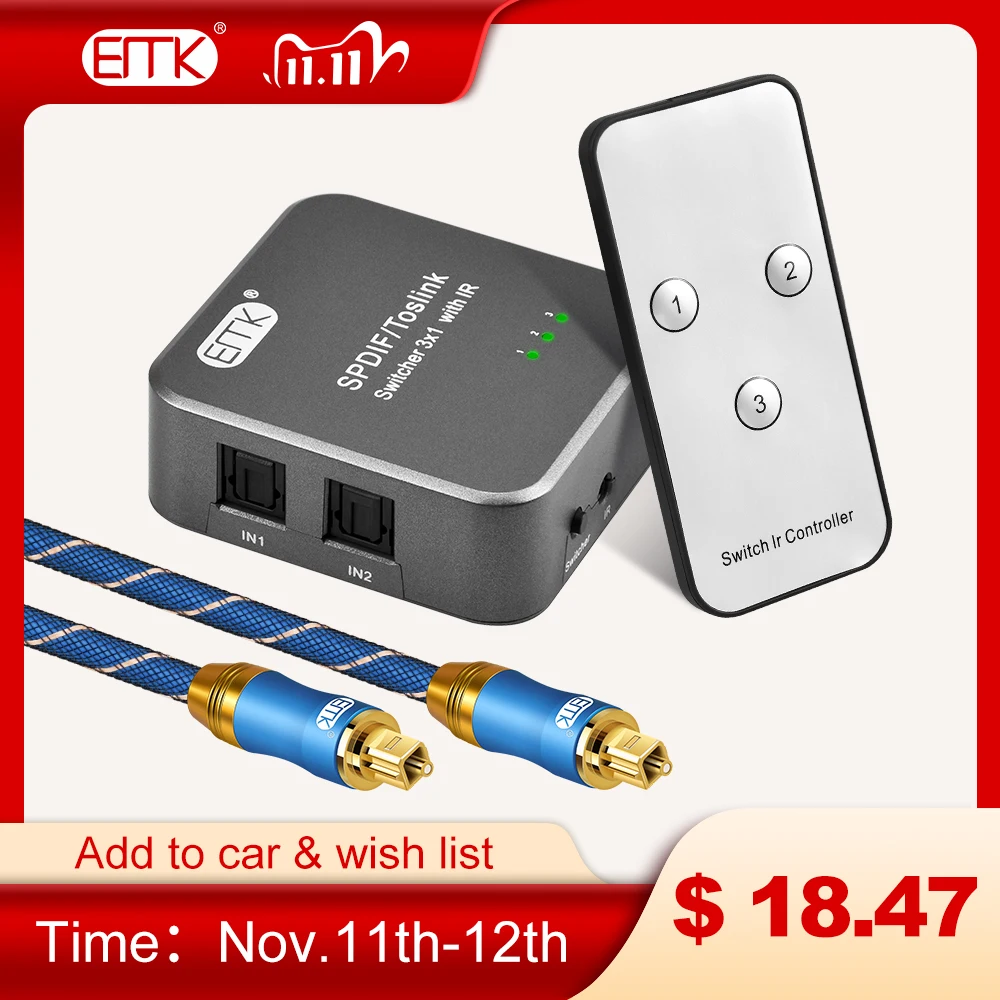 

Optical Toslink Switch IR Remote 3 in 1out SPDIF EMK Optical Fiber Audio switcher 3-way DTS toslink selector DVD PS4 TV Speaker