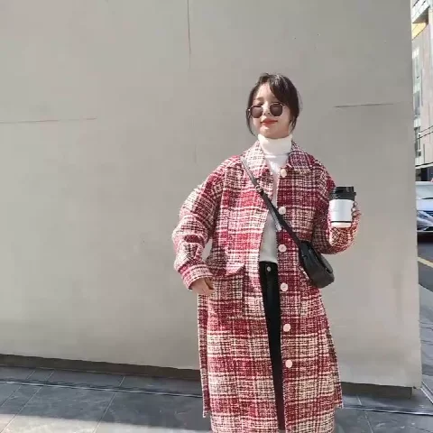 Plaid Модное красное шерстяное пальто с узором «гусиная лапка» для женщин, осенне-зимнее новое шерстяное пальто, женская верхняя одежда, Корейская Студенческая Длинная шерстяная куртка, пальто - Цвет: Plaid