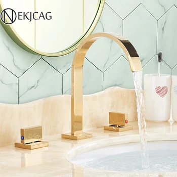 

Gold Brass Basin Faucets Chrome/Black Dual Handle Widespread Basin Faucet for Bathroom 3pcs Kit Deck Mounted Hot Cold Mixer Taps