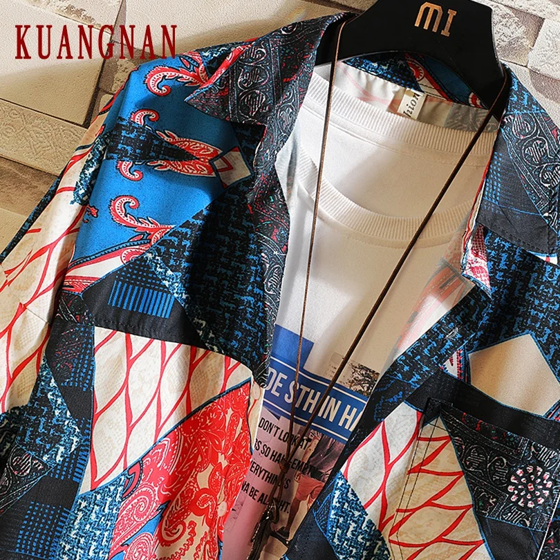 KUANGNAN Harajuku стиль рубашка с принтом мужские модные мужские рубашки с длинным рукавом мужские повседневные тонкие рубашки Fit 5XL уличная осень