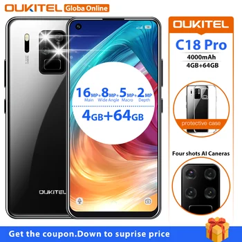 OUKITEL C18 Pro 6.55 inch Android 9.0 Smartphone 4 Rear Cameras Octa Core 4G RAM 64G ROM 4000mAh Global Version Mobile Phone