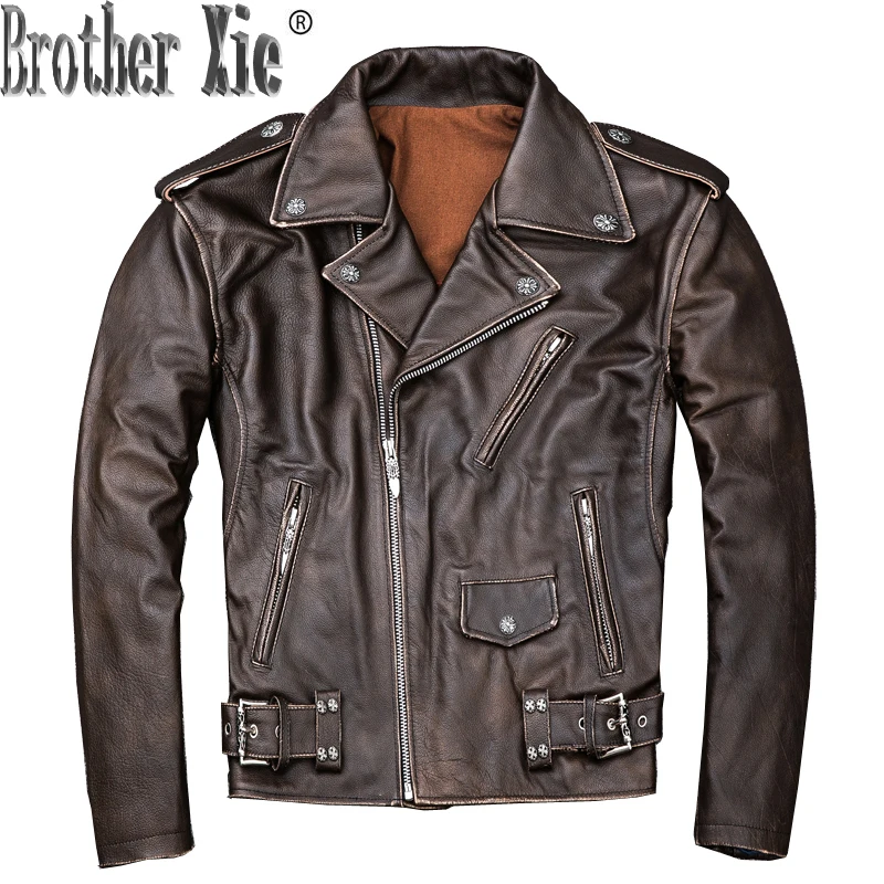 

Real Cow Leather Jacket Men Vintage Genuine Leather Jackets Spring Fall Motorcycle Cowhide Chaqueta Cuero Hombre KJ1315