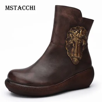 

Mstacchi Short Boots Retro Woman Round Toe Wedges Jackboots Antiquity Pleated Zipper Boots Ladies Rubbing Color Sewing Patchwork