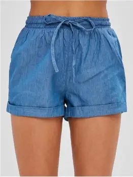 

Casual Bow Pockets Hight Waist Denim Indoor Shorts Women Blue Summer Beach Short Pants Solid Chamber Skinny Slim Shorts Female