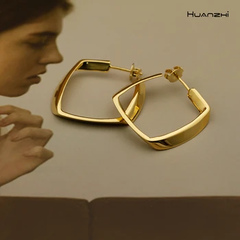 

HUANZHI 2020 New Gold Silver Color Metal Irregular Geometric Square Stud Earrings Trendy for Women Girls party Jewellry gifts