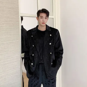 

Men Double Breasted Vintage Velvet Diamond Casual Suit Blazer Jacket Stage Show Clothing Male Fashion Suit Coat Outerwear