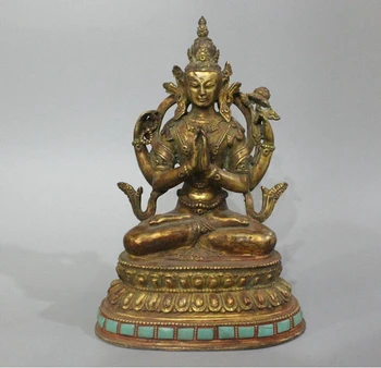 

803++++++China Antiques Tibetan 4 Arms Kwan-yin Chenrizig Buddha Gilt Bronze Statue