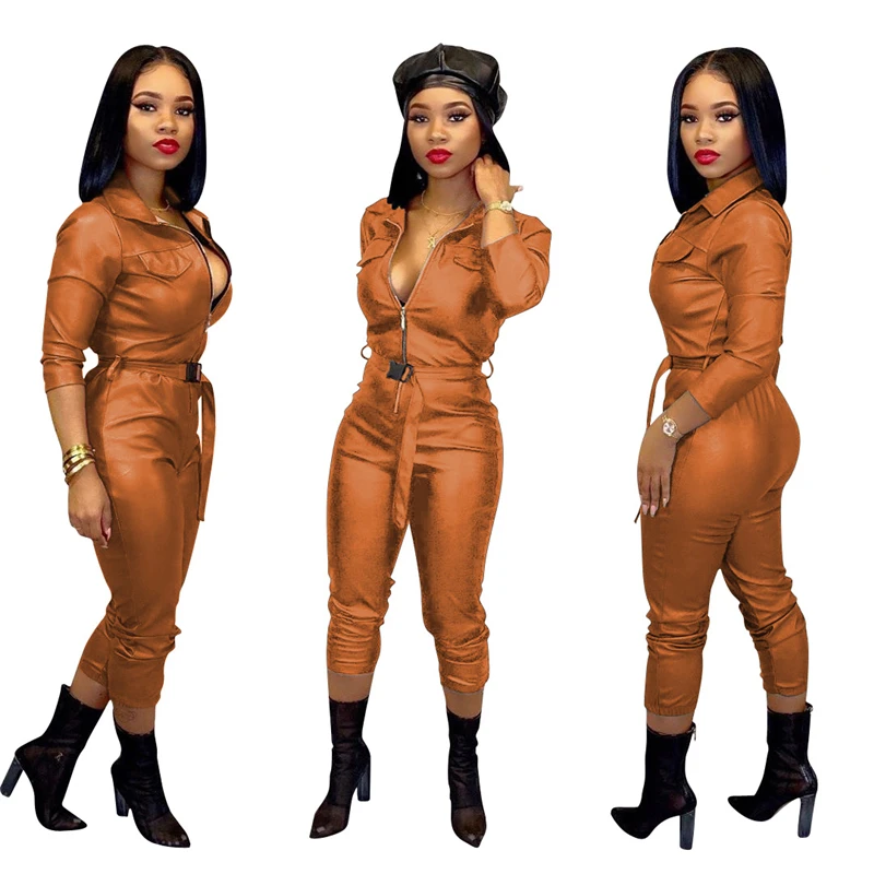 Adogirl Fashion Sexy Women PU Leather Jumpsuit Front Zipper Long Sleeve Skinny Romper with Adjustable Belt Female Club Overalls