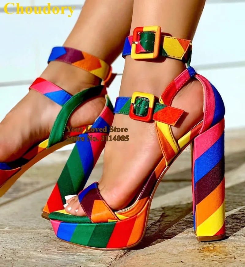 Womens Rainbow Multi-coloured Rivet Buckle Strap Slippers High Wedge Heels Shoes 