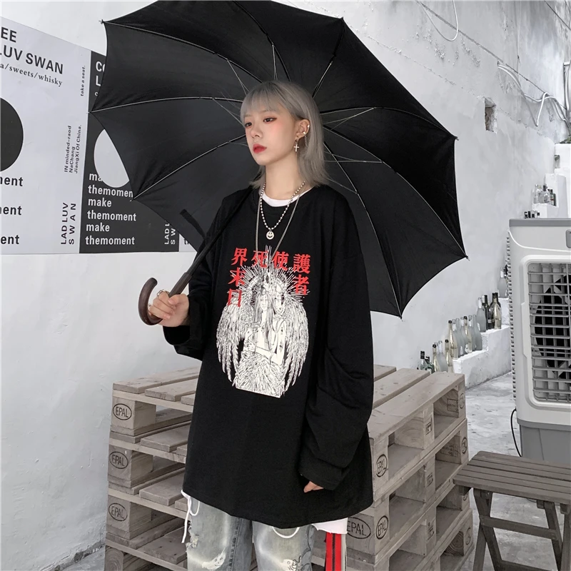 Японское письмо ужас мультфильм графический принт свободный Панк Harajuku уличная Футболка Пуловер Корейская Футболка Топ негабаритных