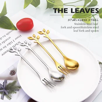 

Creative Stainless Steel Branch Spoon Fork Leaf Coffee Spoon Fruit Fork Fresh Nordic Tableware Wholesale WB896