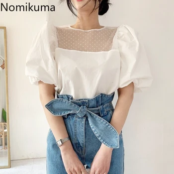 

Nomikuma 2020 Summer Korean Shirt Tops Dot Perspective Mesh Patchwork Blouse Short Puff Sleeve Elegant Women Top Blusas 6A078