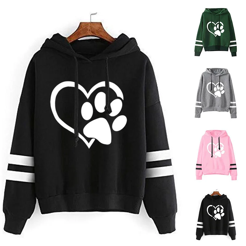 En oferta Sudadera con capucha para mujer, con estampado de huellas de perro y corazón, forro polar de manga larga a rayas dobles, con sombrero, para niñas gBQLxqenZjL