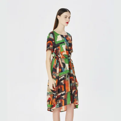 

Summer Women Vintage Elegant Printted One Neck Female Dresses Party Club Milk 100% Silk Dress Robe Vestidos LX1724