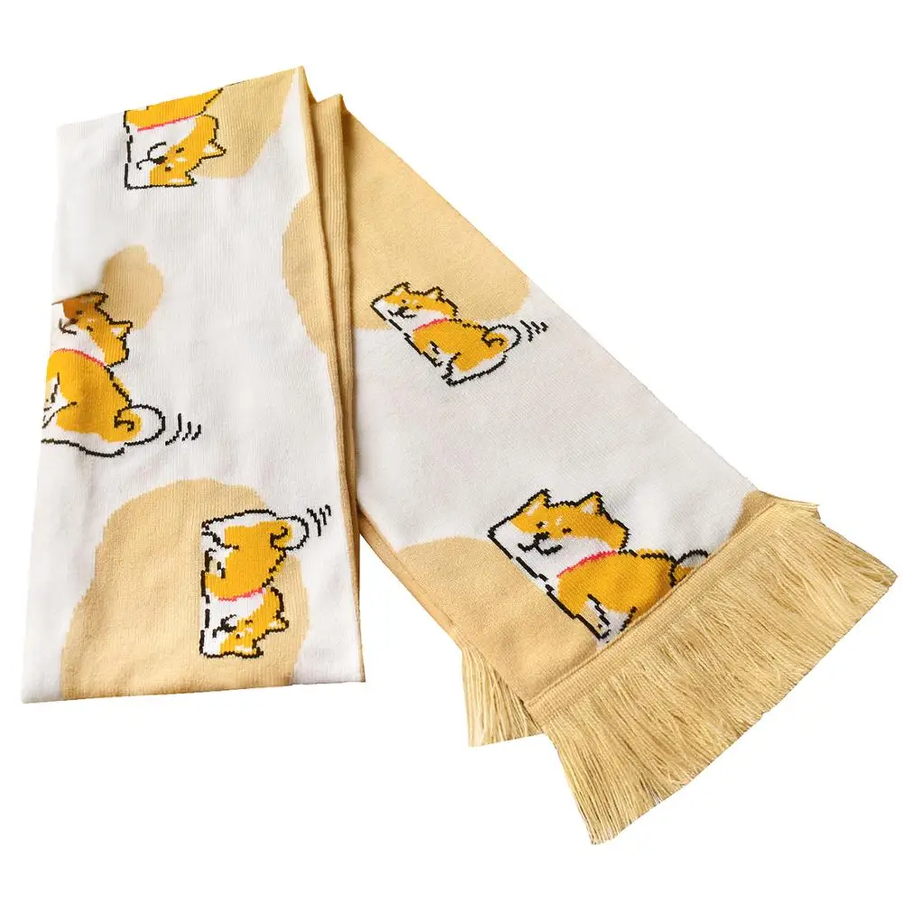 Cartoon Corgi Winter Women Scarf Long Scarf Tassel Soft Warm Scarves Female Cute Cherry Scarves