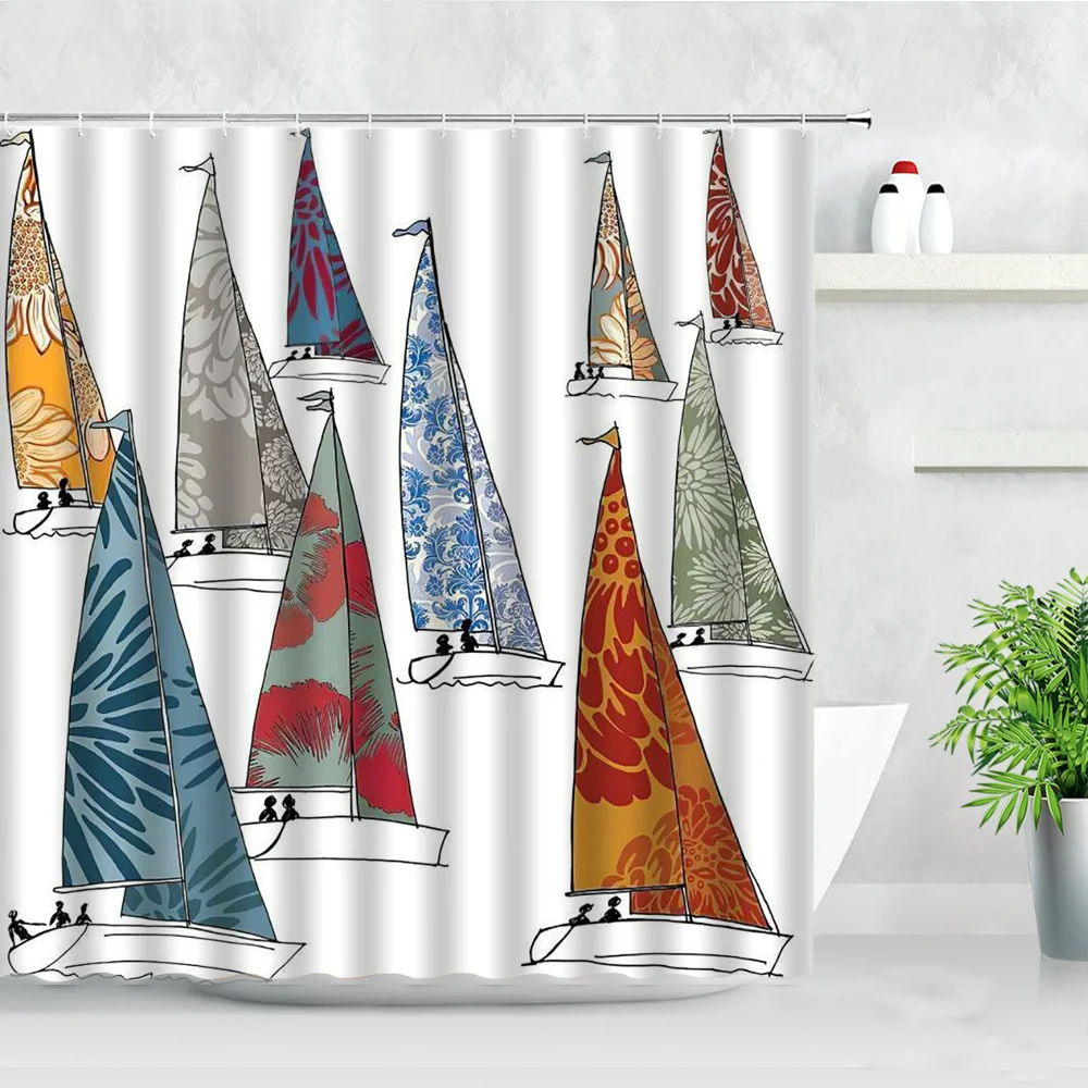 

Шторы для душа с рисунком из мультфильма «парусник», креативные декоративные занавески в синюю полоску для ванной комнаты, с крючками