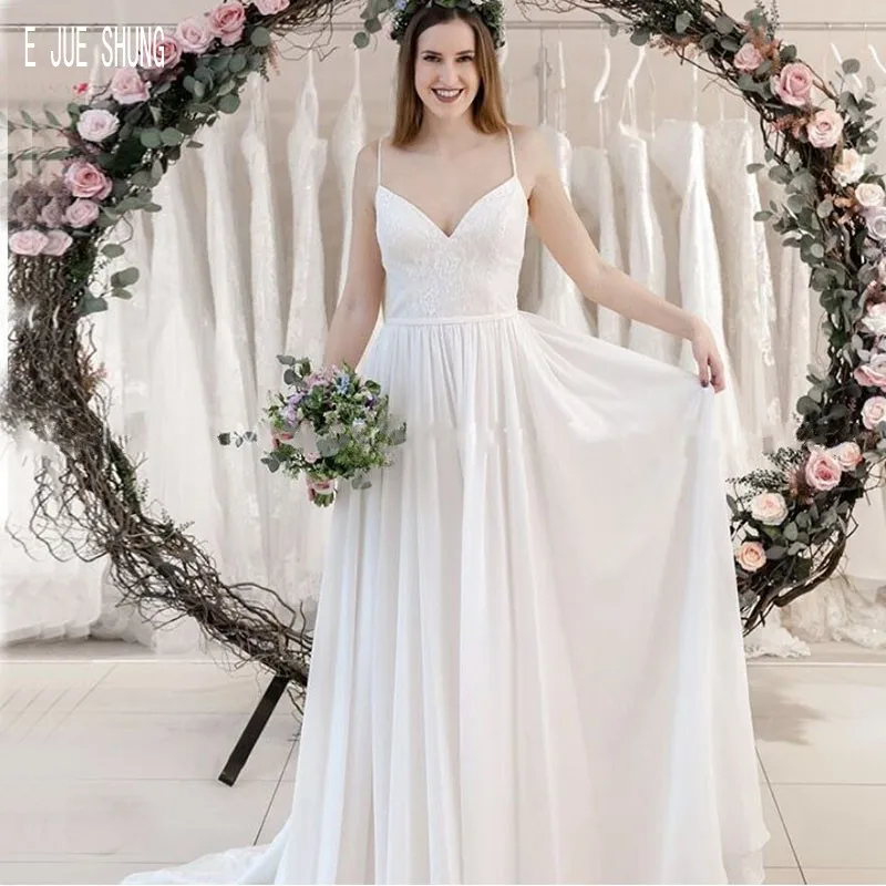 

E JUE SHUNG Simple White Print Wedding Dresses A Line Spaghetti Straps Chiffon Beach Bridal Gowns Lace Up Back Vestios De Novia