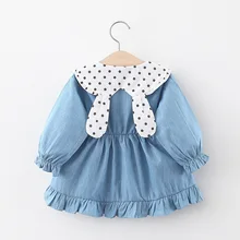 Детское платье,, джинсовое платье в горошек с кроличьими ушками на воротнике, новая весенняя детская одежда