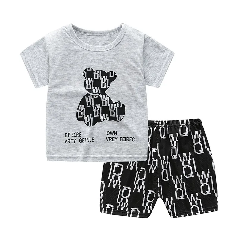 2pcs/set Fashion Boys Cartoon Black Bear Kids Suit Infantil Short Sleeve Clothes 2 Piece Set Girl Summer Outfits 1 2 3 4 5 Years