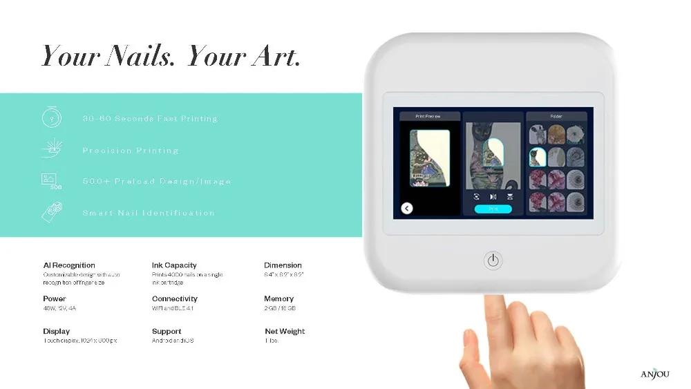 Новейший ANJOU мобильный принтер для маникюра передача изображения фото шаблон цветная печать современное оборудование для дизайна ногтей