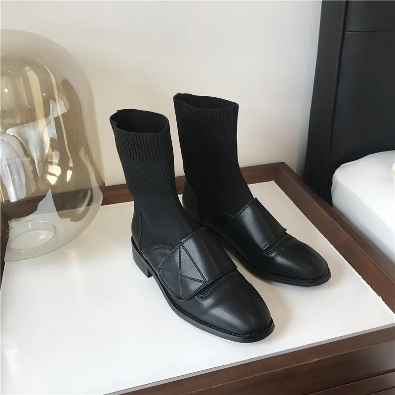 

MONMOIRA Patchwork Stretch Knitting Sock Boots Women Solid Black Ankle Boots for Women Slip on Winter Women's Boots SWE0735