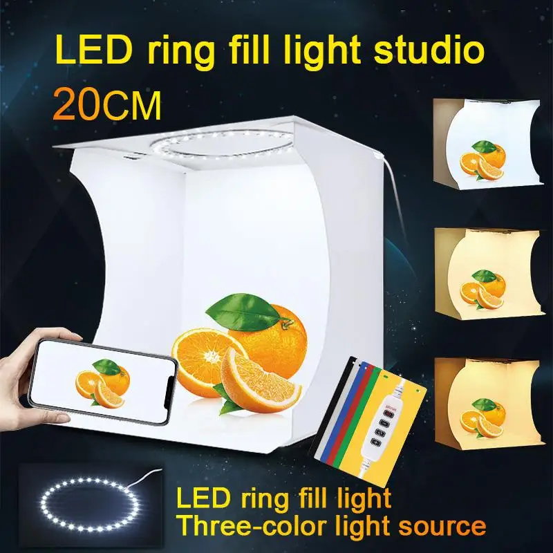 

20cm Mini Foldable Photo Studio Box Photography Lightbox Studio Shooting Tent kit with LED Ring & 6 Color Backdrops