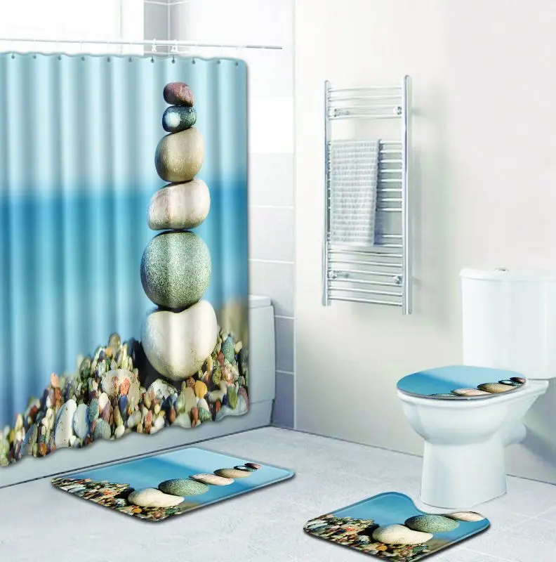Zeegle Printed Stone Bathroom Mat Set Toilet Cover Shower Curtain with Hooks Bath Rug Home Floor Pad Absorption Toilet Foot Rug