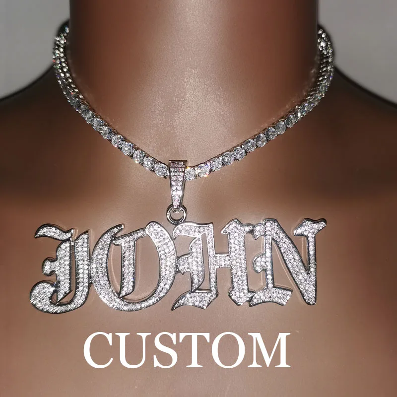 Grandbling Iced out Name Necklace with Tennis chain Rope Chain Word Pendant Hip Hop Jewelry Dropshipping