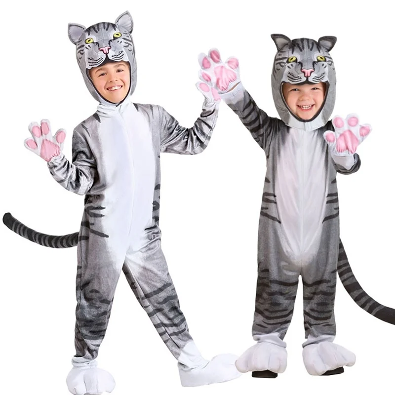 

Baby Onesie Kids Children Jumpsuit Boy Girl Cosplay Costume Gray Pajama With Hat Winter Clothes Cute Outfit Cat Fancy for Party