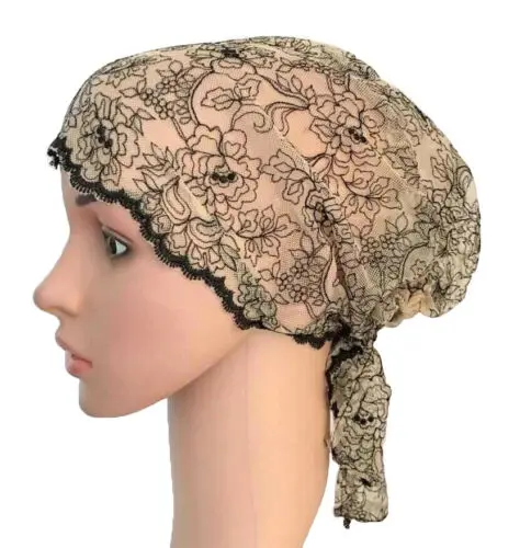 Flower Women Muslim Inner Cap Lace Head Wrap Cover Scarf Islamic Headwear Bonnet Hat Skullies Beanies Hair Loss Fashion - Цвет: 48 Khaki Black