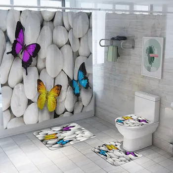 

4pcs Butterfly Pattern Mildew Resistant Shower Curtain Polyester Toilet Cover Rugs Mat Set Waterproof Decorative Accessories