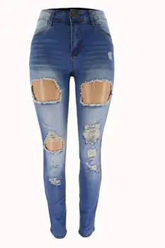 

Women Denim Skinny Trousers High Waist Jeans Destroyed Knee Holes Pencil Pants Trousers Stretch Ripped Boyfriend Female