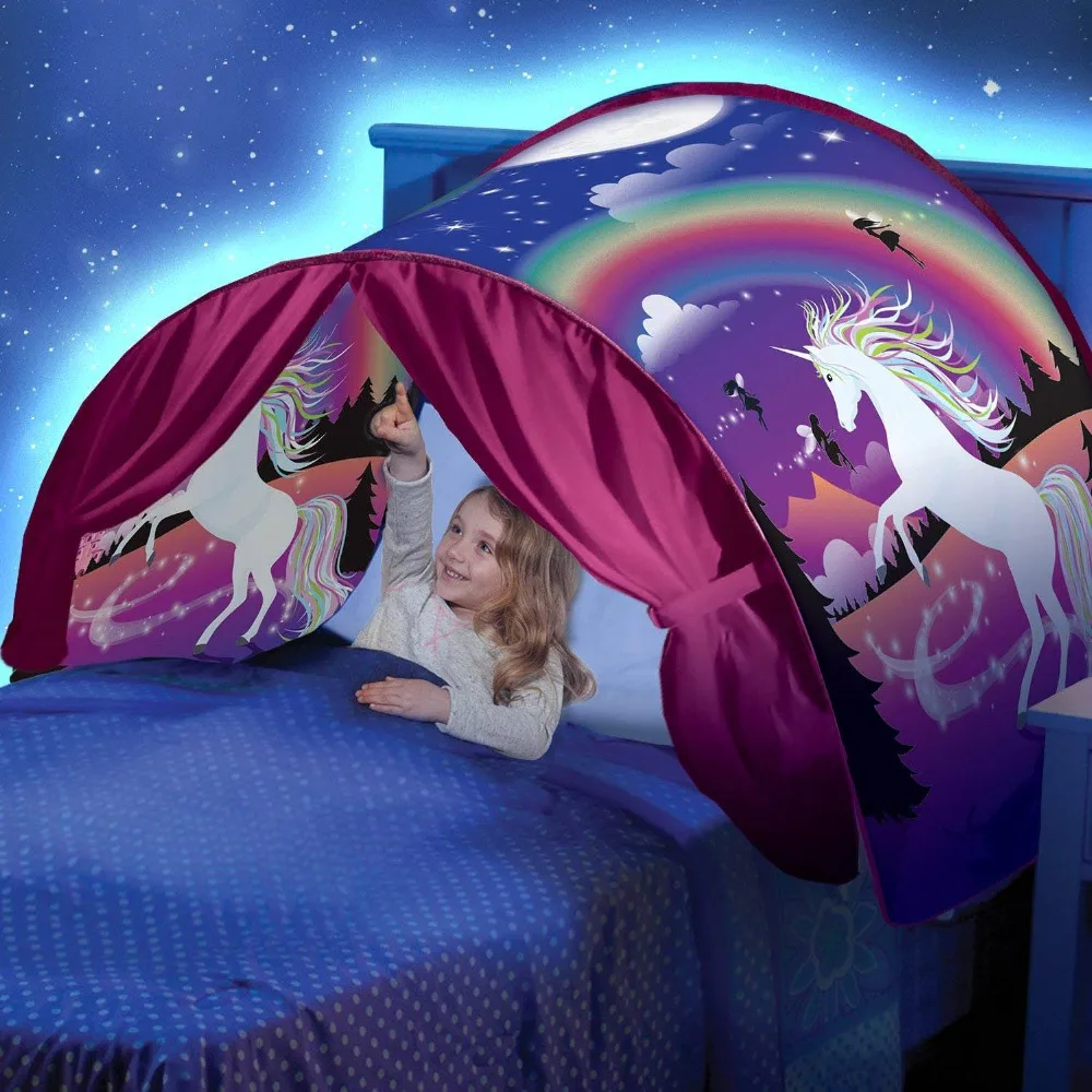 Детская кровать мечты палатки с светильник карман для хранения детей мальчиков девочек ночной спальный складной всплывающий матрас Палатка игровой домик Единорог - Цвет: unicorn