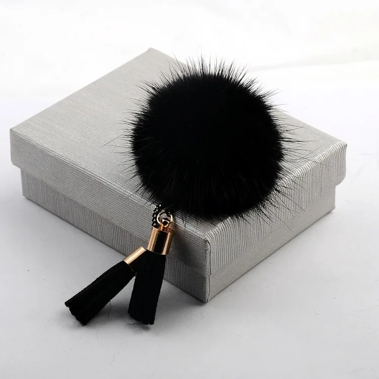 NEW cute real Mink hair fur ball Brooch Pins For Women with Tassel Korean Fur ball Piercing Lapel Brooches Collar Jewelry Gift - Окраска металла: Black