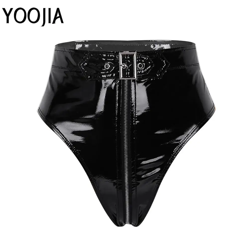 

Womens PVC Lingerie Underwear Body Latex Wetlook Clubwear High Cut Zippered With Belt Briefs Underwear Femme Lingerie Panties