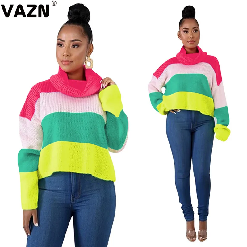 VAZN Striped Tall Neck Spring hot casual coat sweatshirt women full sleeve sweatshirt lady drop-shoulder short sweatshirt