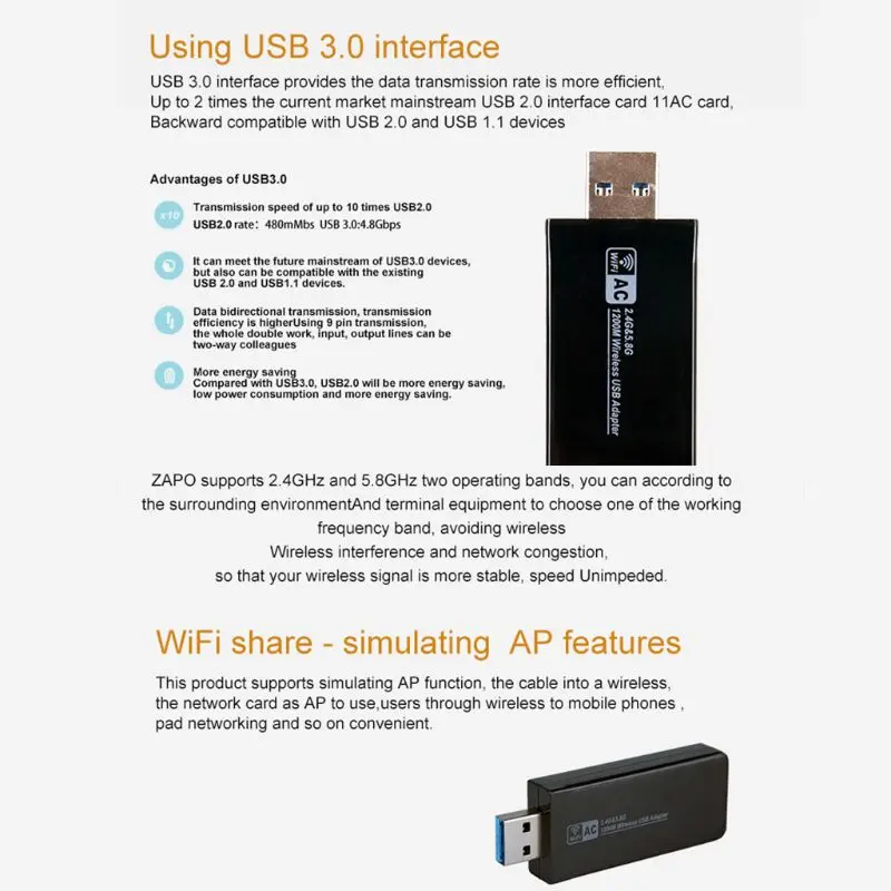 OOTDTY Mini 2,4G/5,8G двухдиапазонный wifi USB 3,0 1200 Мбит/с LAN беспроводной адаптер приемник сетевая карта встроенная антенна для Windows
