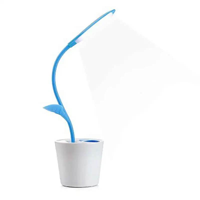 

Promotion! Pd1503 Children Light Flexible Usb Press Led Desk Lamp With 3-Level Dimmer And Decor Plant Pencil Holder Blue