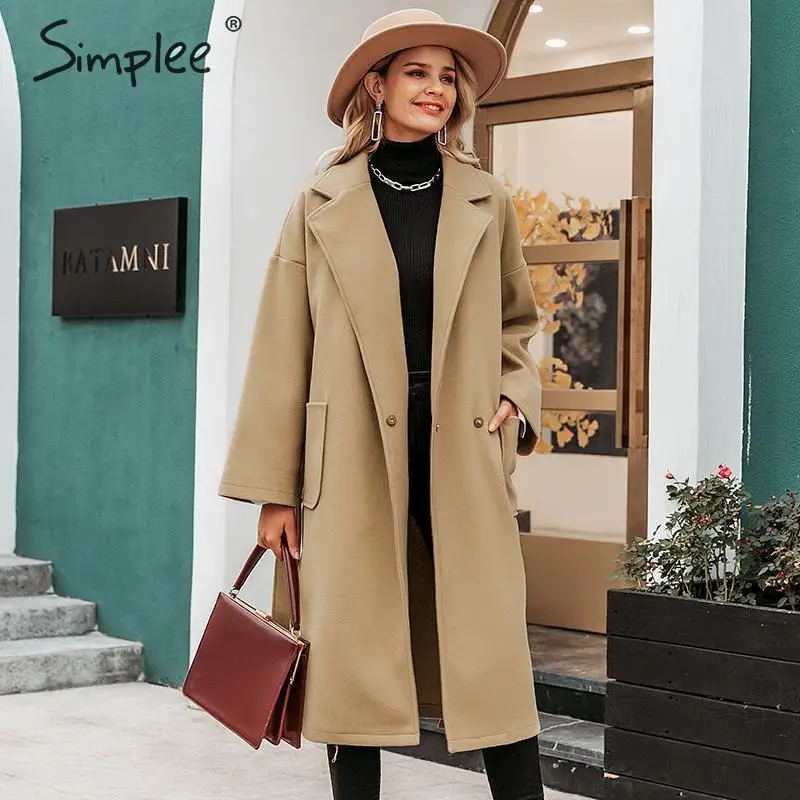 Simplee элегантные офисные женские длинные смесовые пояса для пальто с карманами Осень-Зима Женское пальто Верхняя одежда с длинным рукавом твидовое Женское пальто