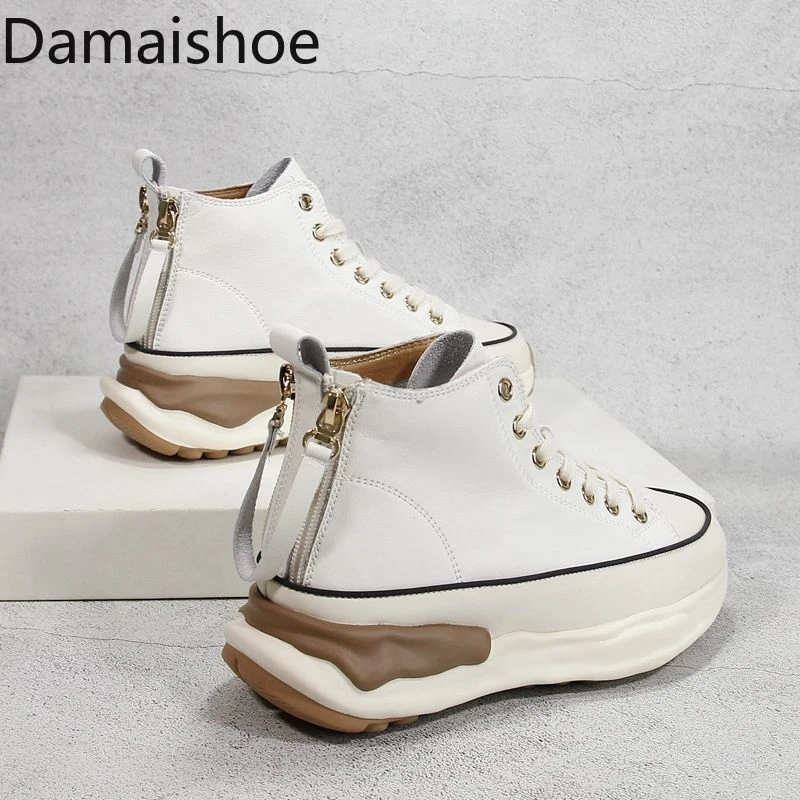 Genuine Leather High-Top Women's Shoes Ins Trendy 2021 Autumn New Fashion Back Zipper Versatile Thick Bottom Casuals White Shoes short winter boots