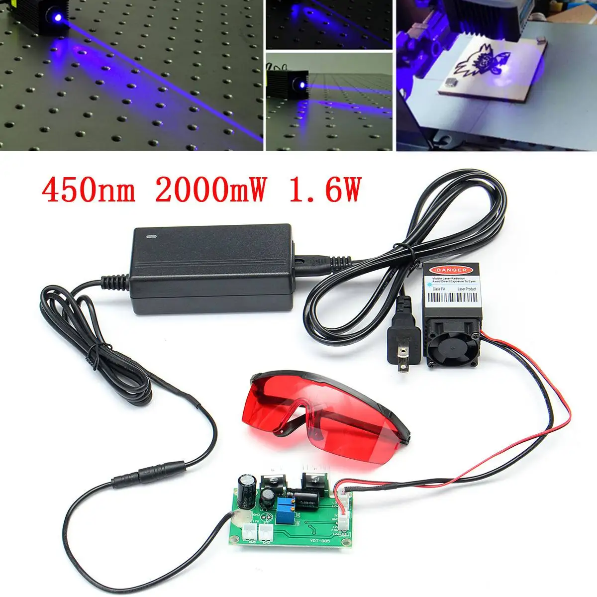 

High 445NM Blue Laser Module Laser Engraving and Cutting TTL Module 2000mW Laser Tube+Goggles