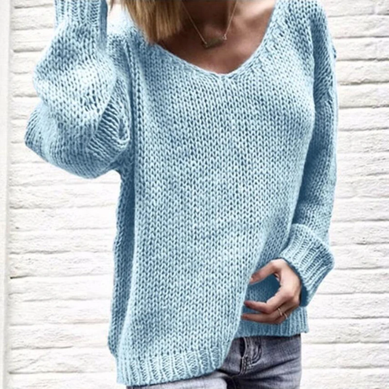 Viensta, женские свитера и пуловеры, Осень-зима, длинный рукав, женский свитер, сексуальный, v-образный вырез, однотонный, размера плюс, вязаные топы