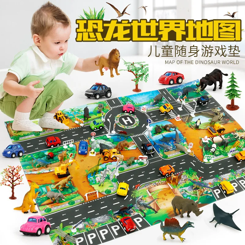 Детская игрушка игровой коврик 83*57 Динозавр мир дорожного движения парковка jing ke с маленьким металлическим автомобилем животных