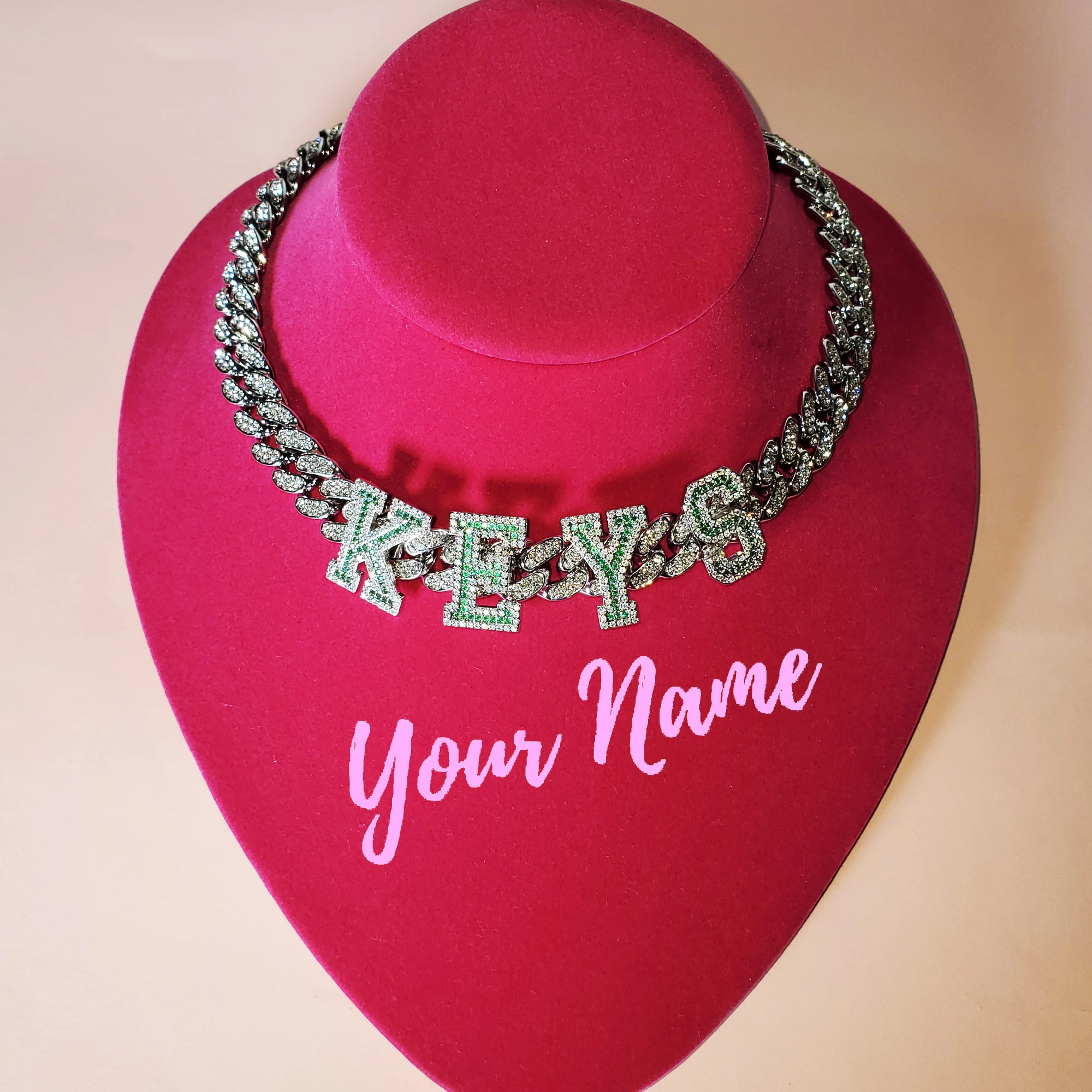 Personalized Green Stones Letters/Name Necklace, Custom Name Choker, Name Necklace, Custom Jewelry, Hot Trendy Cuban Chain