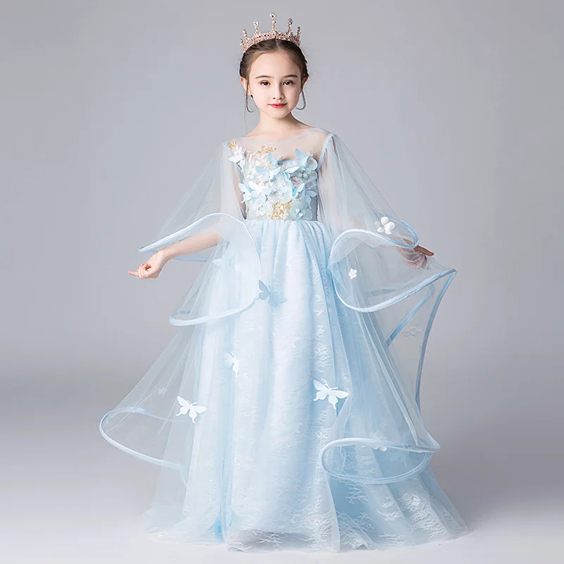 

Mingli Tengda Sky Blue Small Princess Flower Girl Kids Evening Dresses Champagne Lace Butterfly Children Dress Primera Comunion