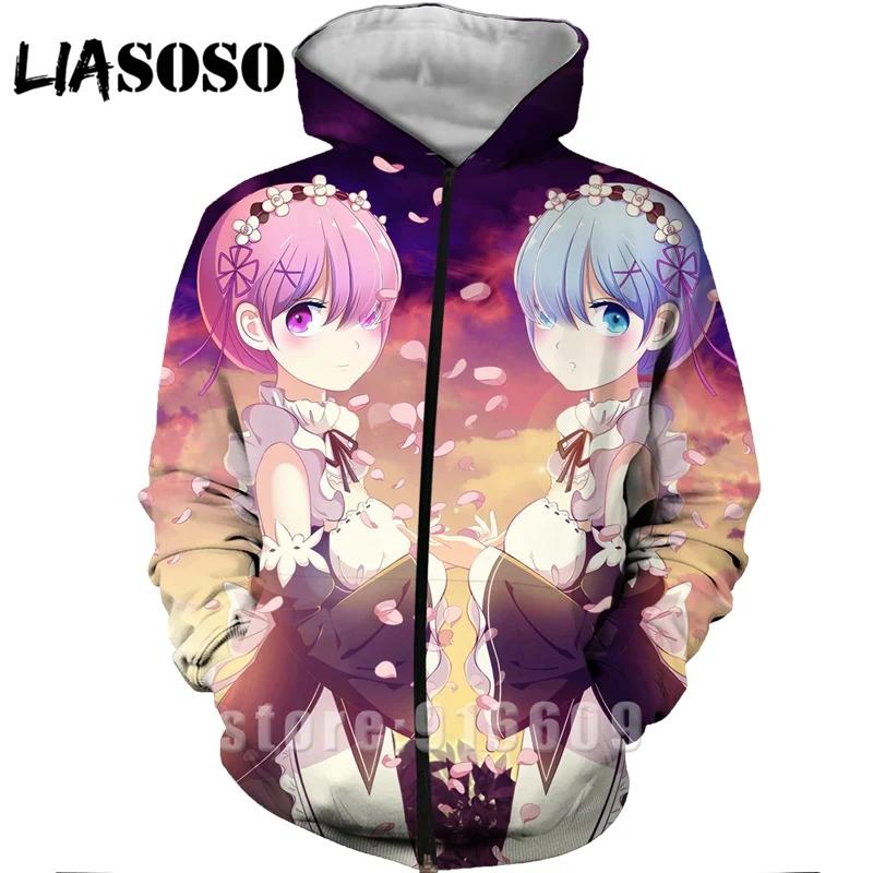 Re Zero Rem 3D Print Hooded Sweatshirt Women Men Ram Anime Hoodies Casual Design Jacket Harajuku style Pullover Zipper Hoodie (16)
